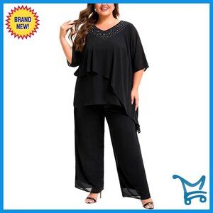 Elegant Plus Size Pant Suit Set Ruffle Layers Chiffon Wedding Guest Outfit